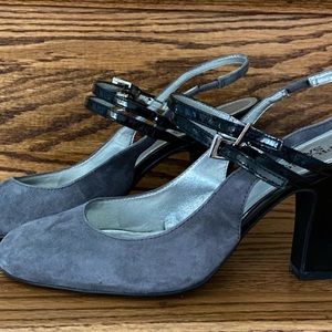 Franco Sarto grey suede Mary Jane style pump.  Excellent condition.